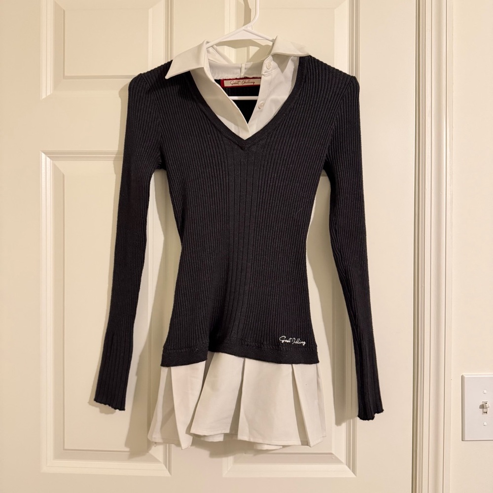 Sweet Chilling Black Ribbed Sweater Dress with White Collar